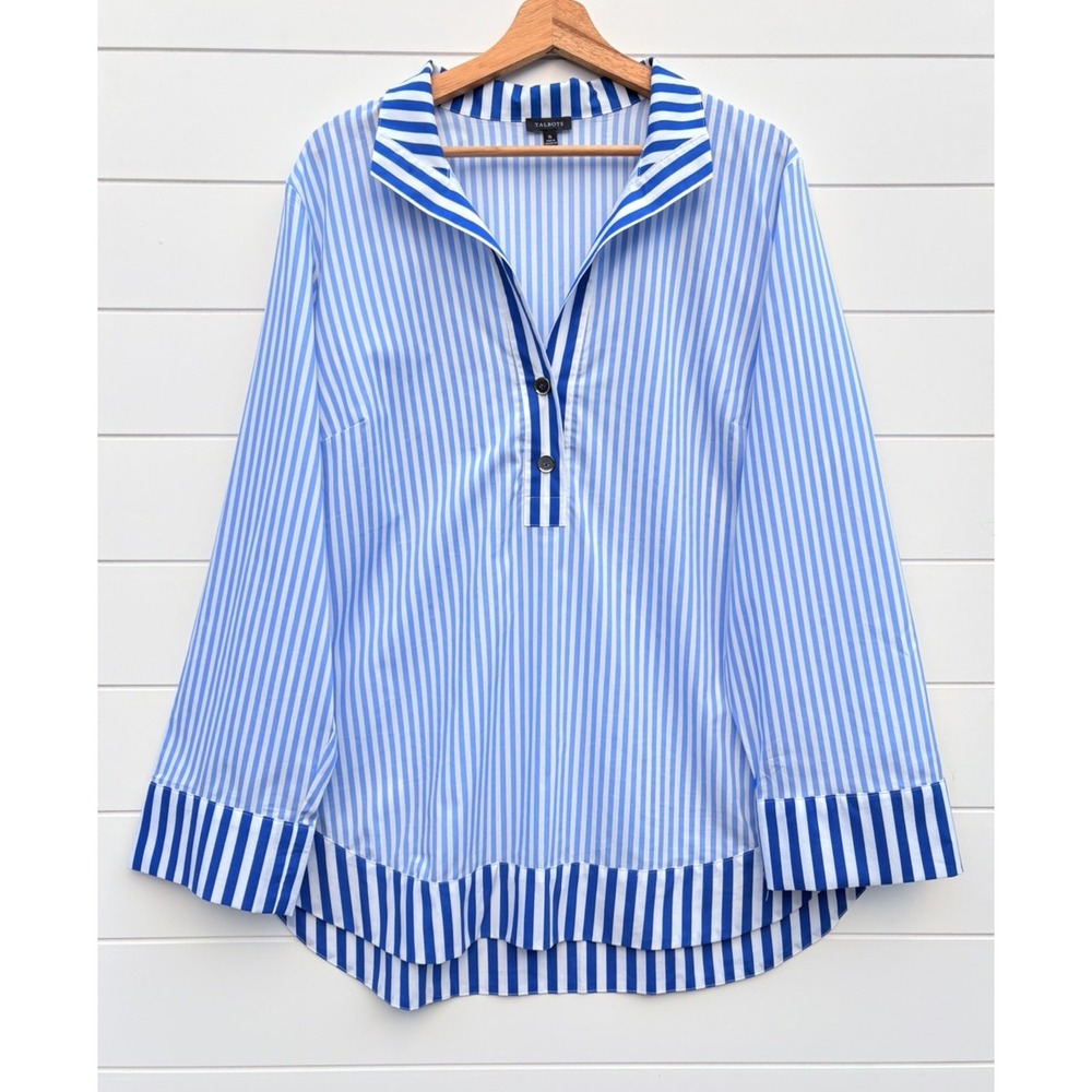 Talbots Beauty Stripe Popover Tunic Cotton Poplin Blue White XL Coastal Preppy